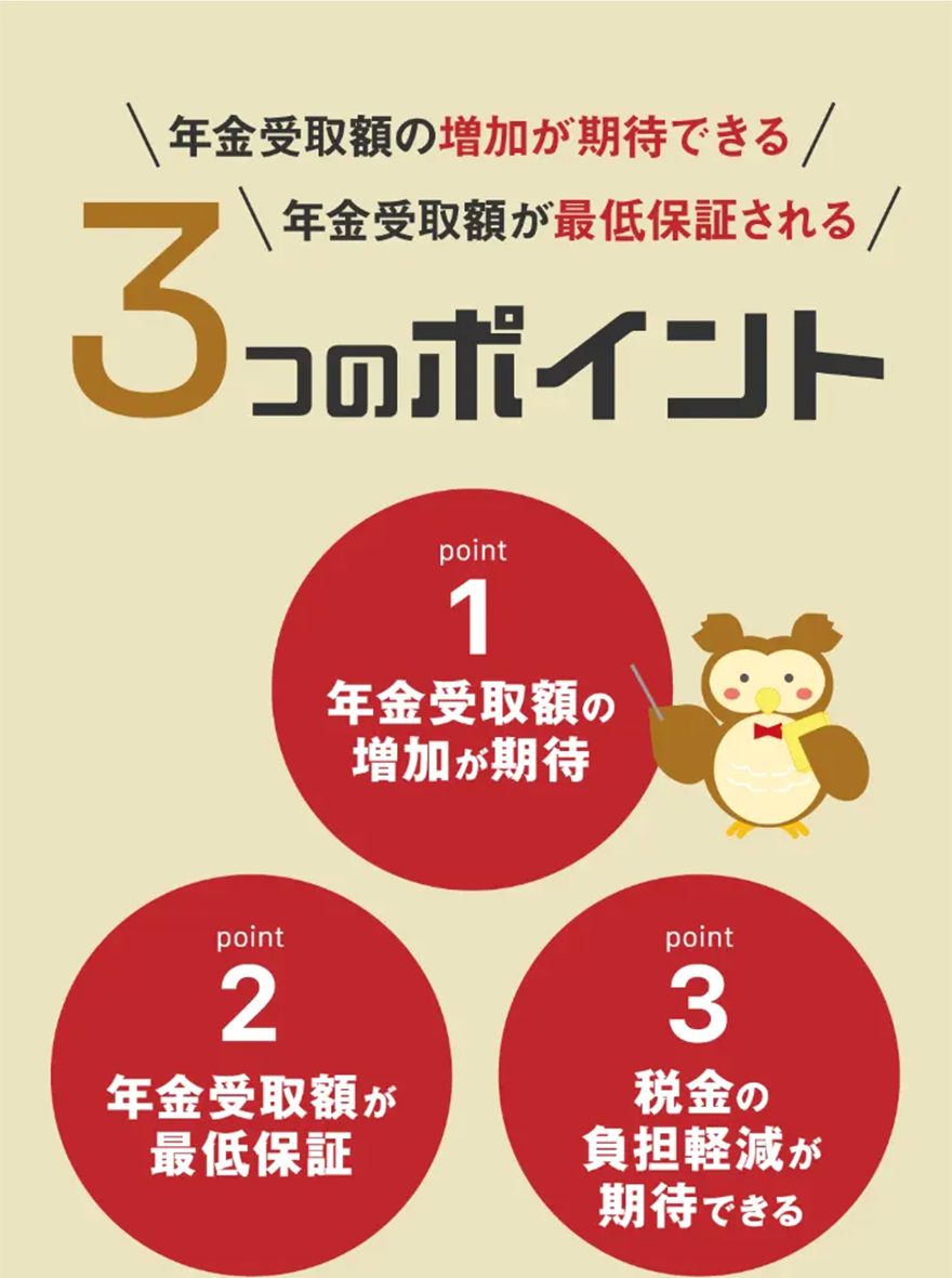 年金受取額の増加が期待できる /
年金受取額が最低保証される /
3コのポイント
point
1
年金受取額の
増加が期待
point
2
年金受取額が
最低保証
point
3
税金の
負担軽減が
期待できる